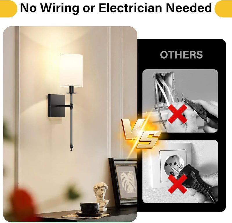 Bosceos 19.9 Inch Black Battery Operated Wall Sconces Set of 2, Rechargeable Wireless Wall Lights with Remote & White Fabric Shade, Indoor Not Hardwired Dimmable Wall Lamps for Living Room, 2 Bulbs Included - Image 2